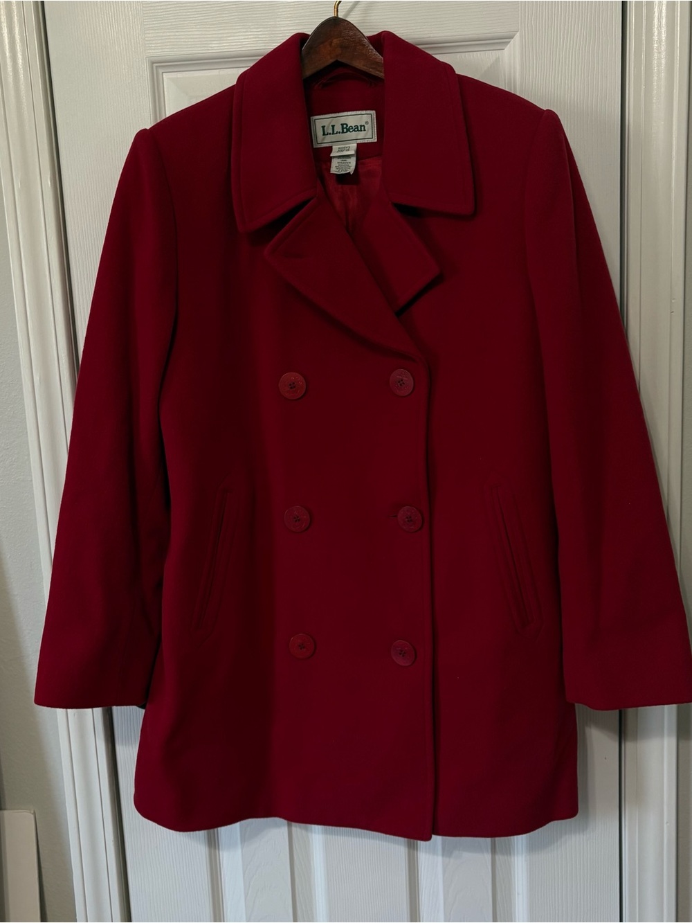 Women’s Size 10 Double Breasted Pea Coat Red L L Bean Wool/Cashmere Blend